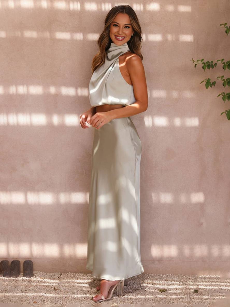 Celestina – Conjunto elegante de dos piezas con top halter y falda maxi de satén para mujer