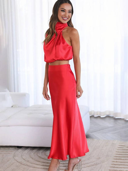 Celestina – Conjunto elegante de dos piezas con top halter y falda maxi de satén para mujer