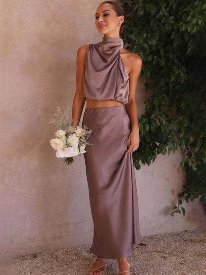 Celestina – Conjunto elegante de dos piezas con top halter y falda maxi de satén para mujer
