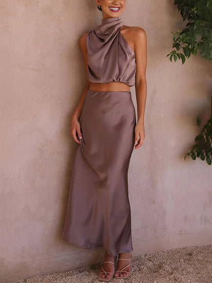 Celestina – Conjunto elegante de dos piezas con top halter y falda maxi de satén para mujer