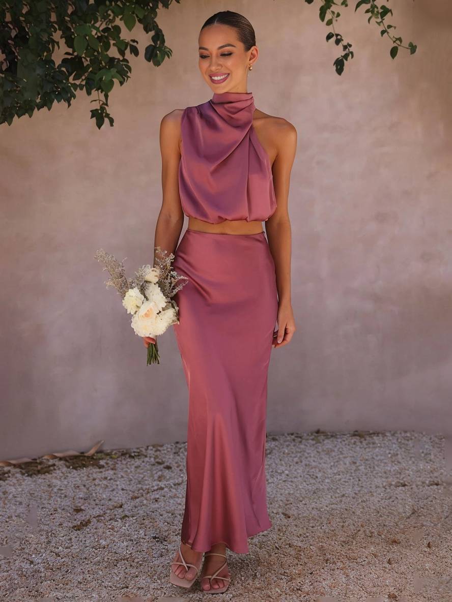 Celestina – Conjunto elegante de dos piezas con top halter y falda maxi de satén para mujer