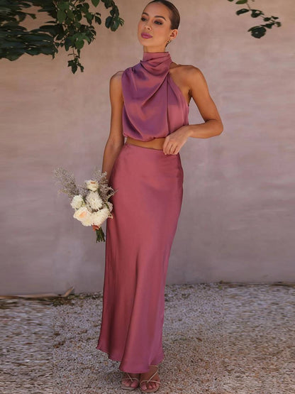 Celestina – Conjunto elegante de dos piezas con top halter y falda maxi de satén para mujer