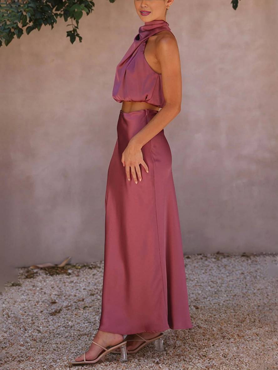 Celestina – Conjunto elegante de dos piezas con top halter y falda maxi de satén para mujer