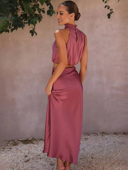 Celestina – Conjunto elegante de dos piezas con top halter y falda maxi de satén para mujer