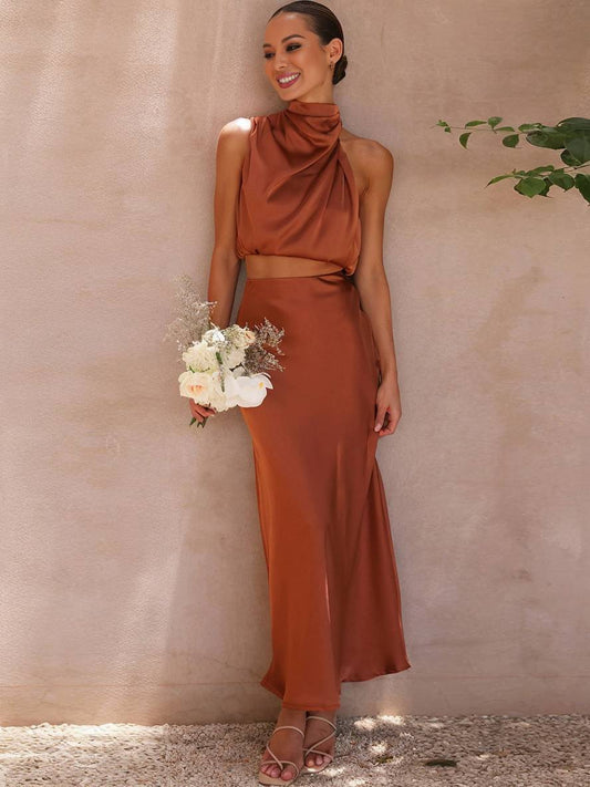 Celestina – Conjunto elegante de dos piezas con top halter y falda maxi de satén para mujer