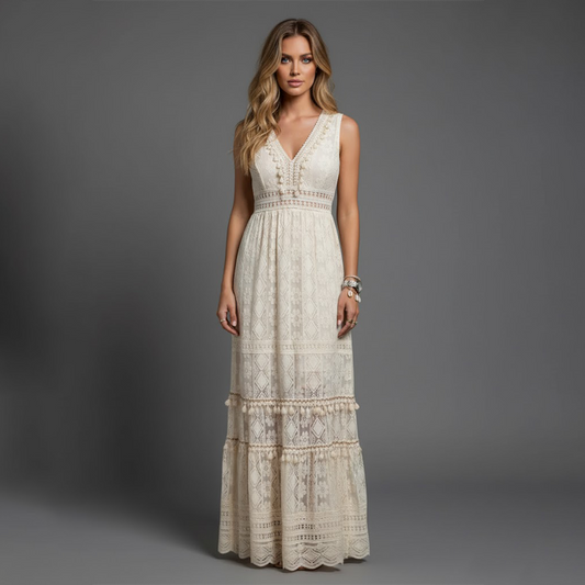 Avarella – Vestido largo de encaje con escote en V para mujer