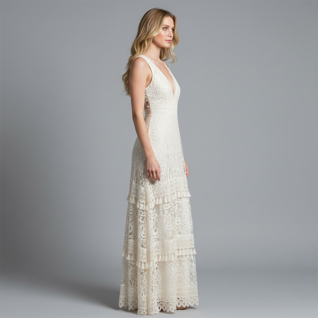 Avarella – Vestido largo de encaje con escote en V para mujer