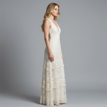 Avarella – Vestido largo de encaje con escote en V para mujer