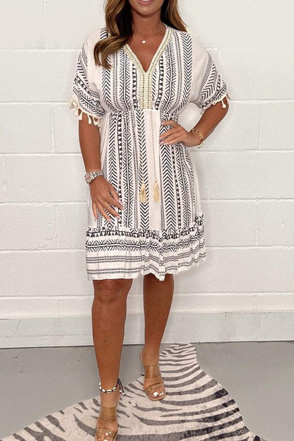 Zafira – Vestido mini bohemio estampado con borlas para mujer
