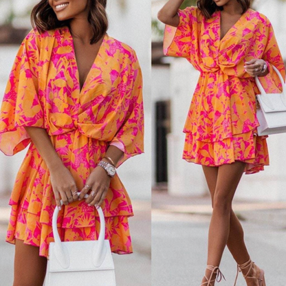 Camila – Vestido mini con estampado floral, escote en V y mangas largas para mujer