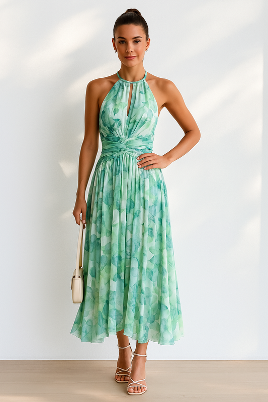Florencia – Vestido maxi con pliegues y estampado floral para mujer