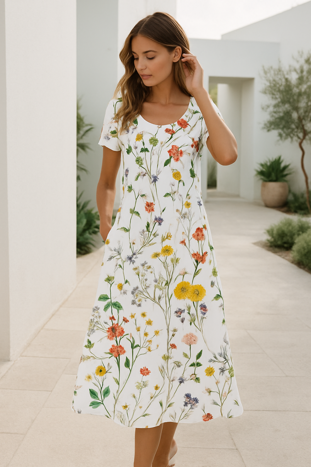 Floréal – Vestido de verano con manga corta y estampado floral para mujer