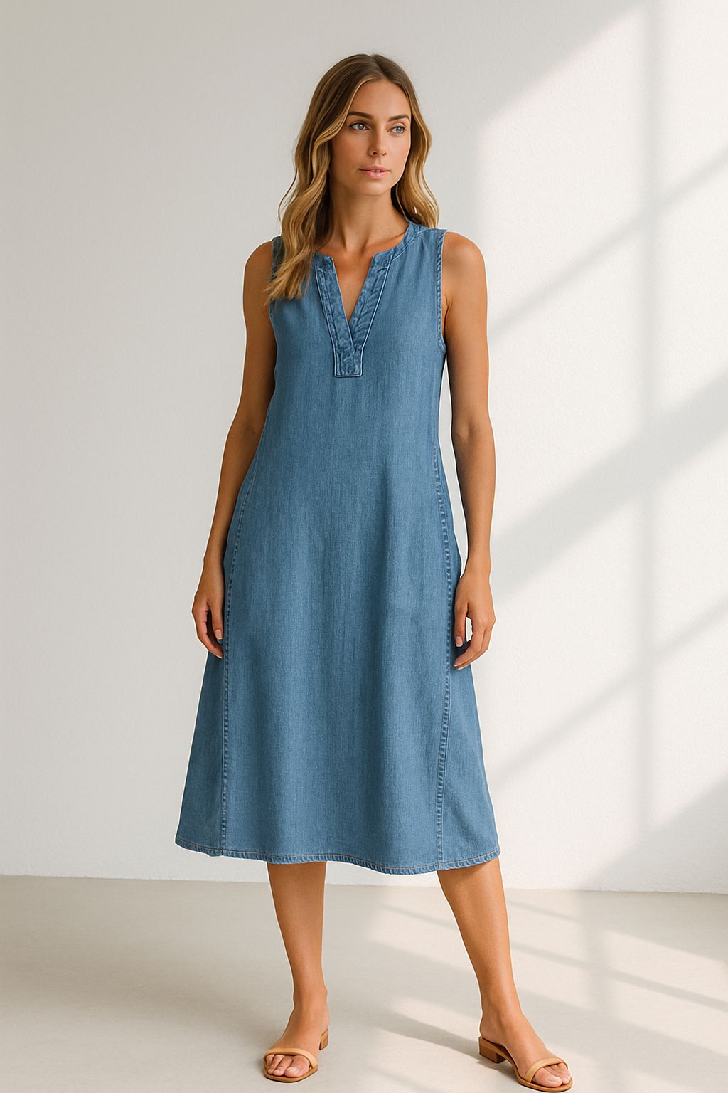 NAISHA – Vestido midi con escote en pico y corte en línea A