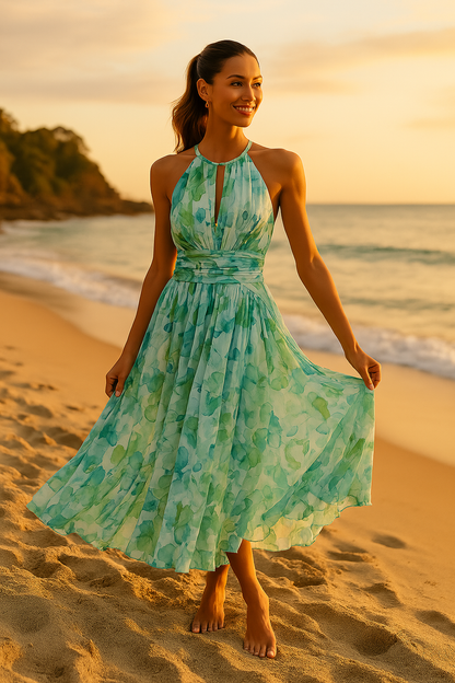 Florencia – Vestido maxi con pliegues y estampado floral para mujer