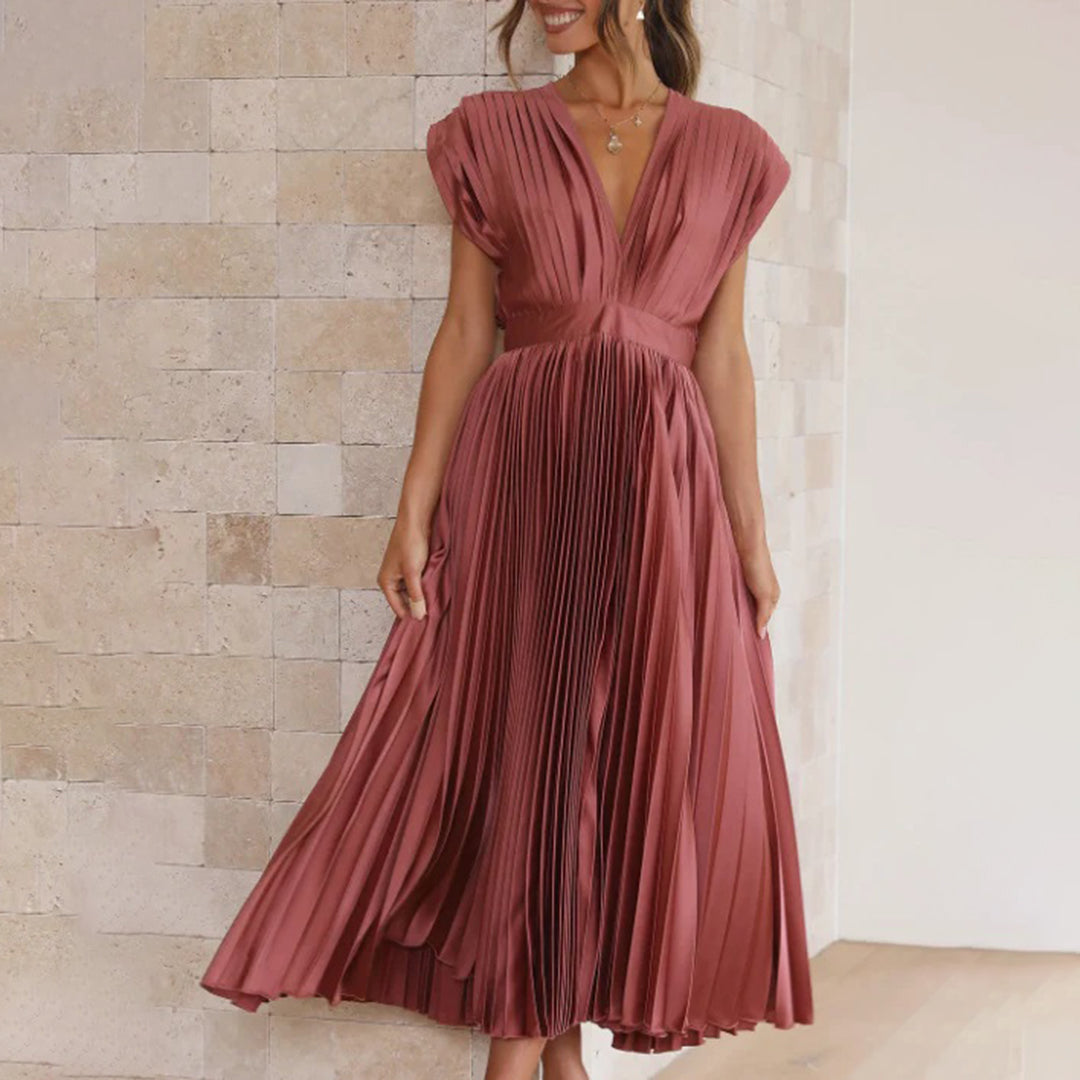 Celestia – Vestido elegante plisado con escote en V y espalda descubierta para mujer