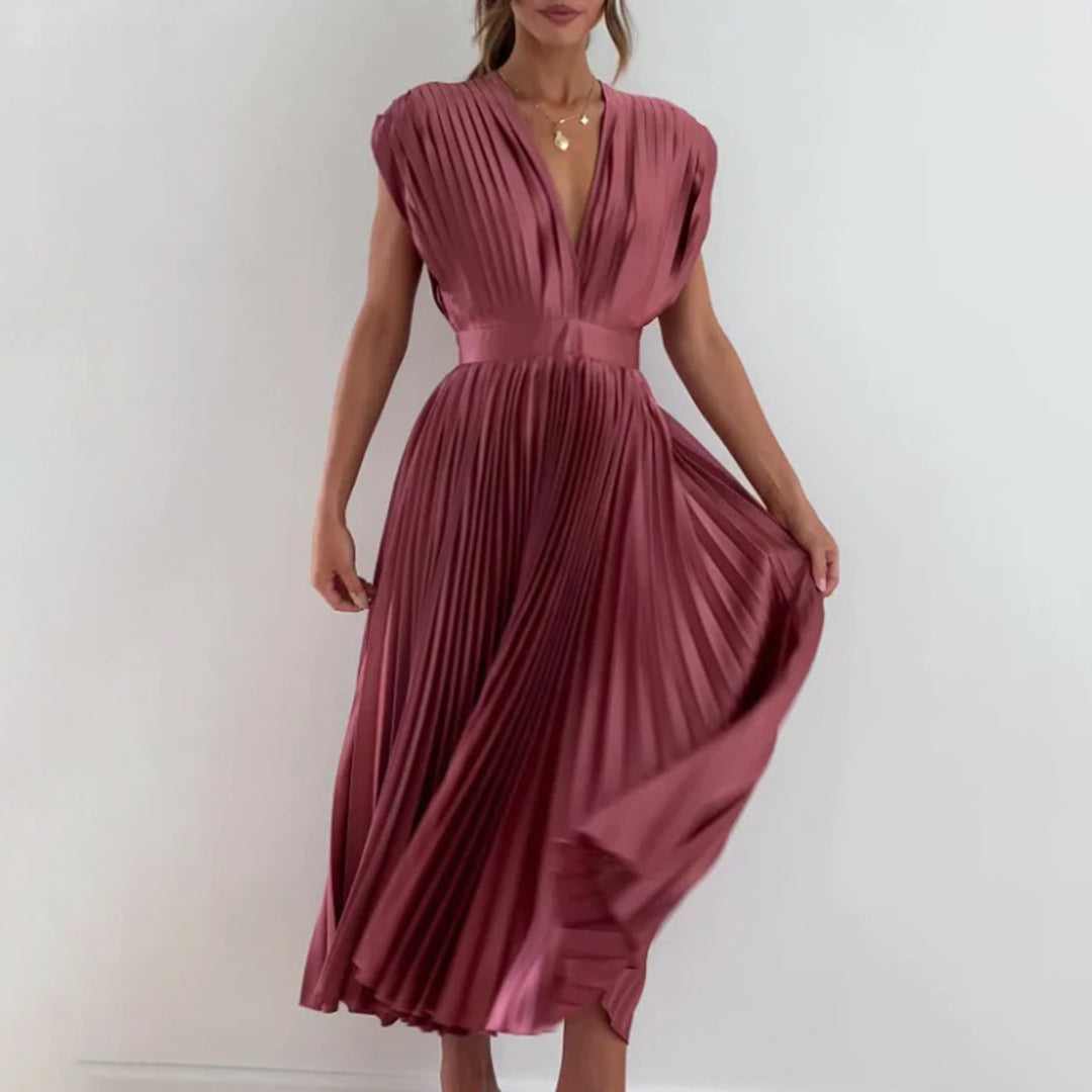 Celestia – Vestido elegante plisado con escote en V y espalda descubierta para mujer