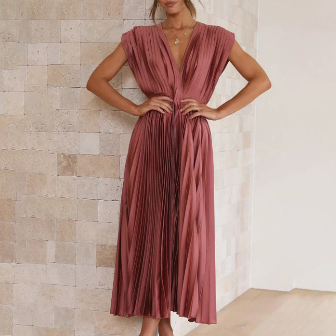 Celestia – Vestido elegante plisado con escote en V y espalda descubierta para mujer