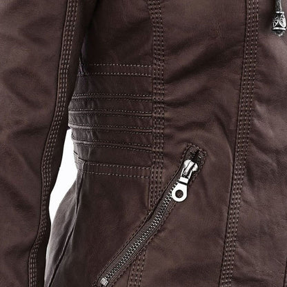 Chaqueta impermeable de imitación cuero para mujer con capucha – LEYRA