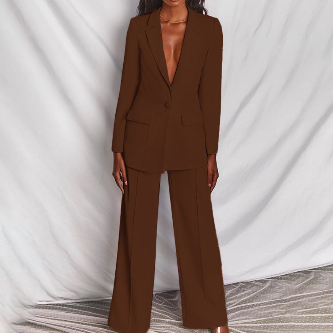 Traje chaqueta entallado para mujer con blazer y pantalón palazzo – ADRIANA