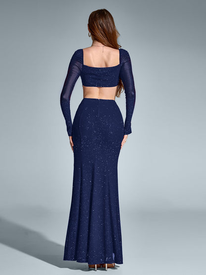 Luz de Gala – Vestido largo con brillo, espalda descubierta y apertura alta para mujer