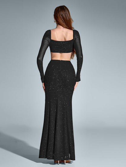 Luz de Gala – Vestido largo con brillo, espalda descubierta y apertura alta para mujer
