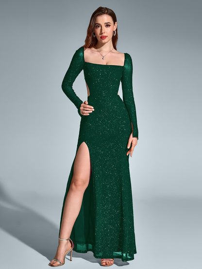 Luz de Gala – Vestido largo con brillo, espalda descubierta y apertura alta para mujer