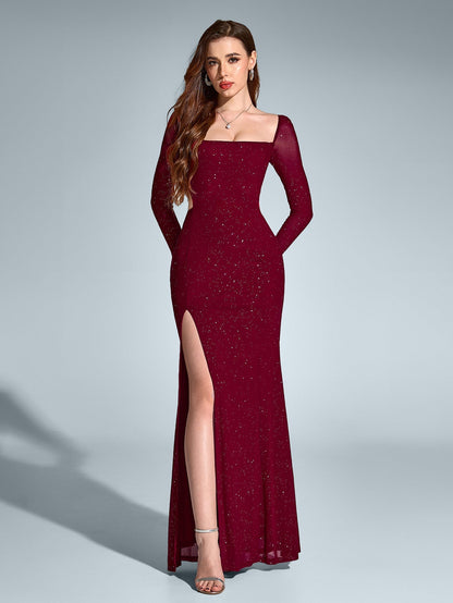 Luz de Gala – Vestido largo con brillo, espalda descubierta y apertura alta para mujer