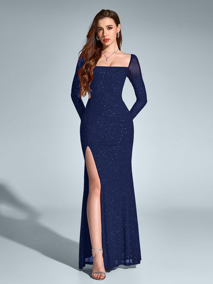 Luz de Gala – Vestido largo con brillo, espalda descubierta y apertura alta para mujer