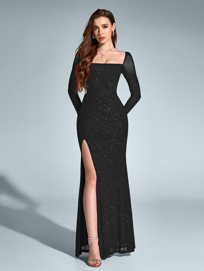 Luz de Gala – Vestido largo con brillo, espalda descubierta y apertura alta para mujer