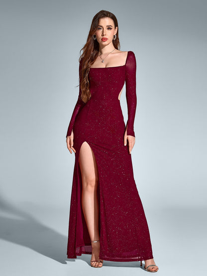 Luz de Gala – Vestido largo con brillo, espalda descubierta y apertura alta para mujer