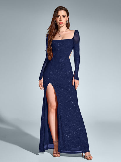 Luz de Gala – Vestido largo con brillo, espalda descubierta y apertura alta para mujer