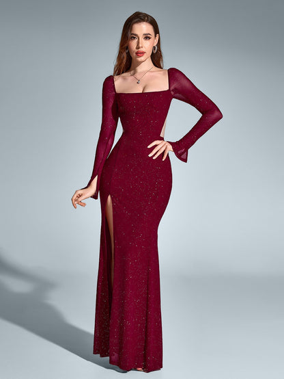 Luz de Gala – Vestido largo con brillo, espalda descubierta y apertura alta para mujer