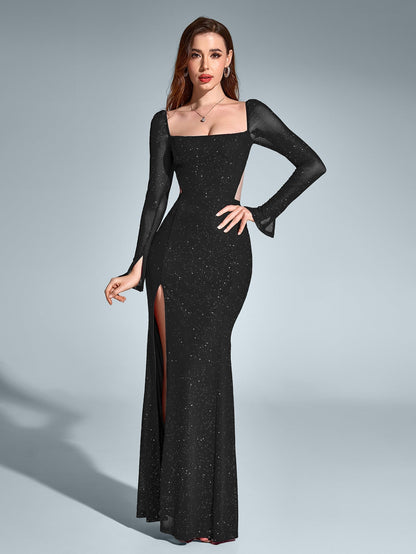 Luz de Gala – Vestido largo con brillo, espalda descubierta y apertura alta para mujer