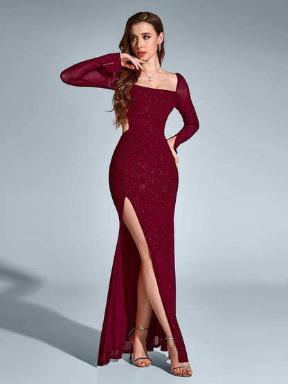 Luz de Gala – Vestido largo con brillo, espalda descubierta y apertura alta para mujer
