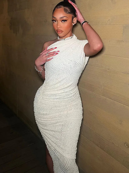Luna – Vestido asimétrico de un solo hombro en blanco para mujer