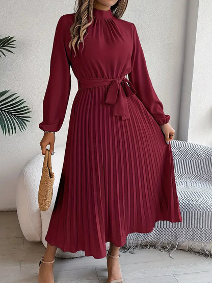 Harriet – Vestido midi plisado con mangas largas y cinturón para mujer