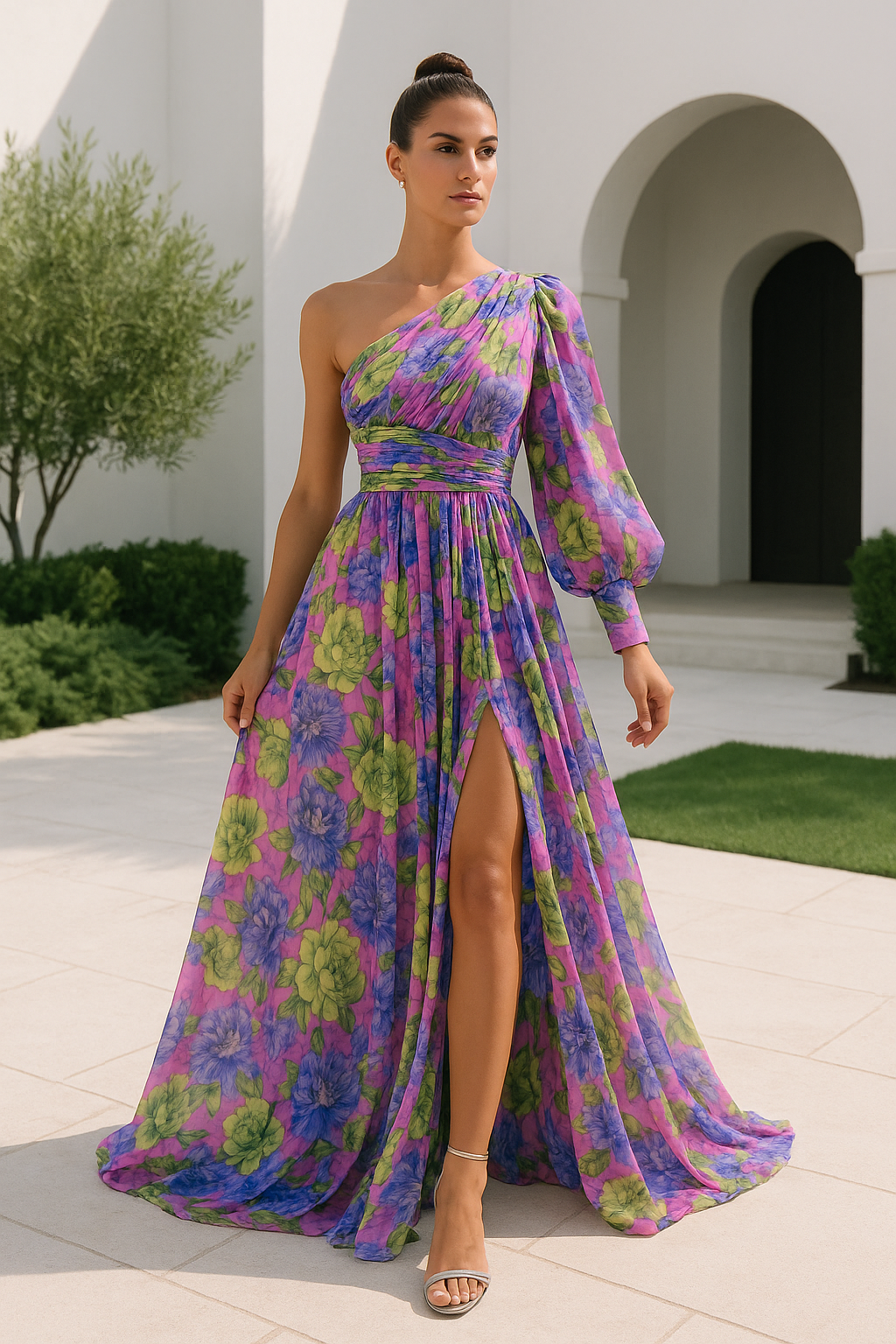 Florencia – Vestido maxi de verano con un hombro descubierto y estampado floral para mujer