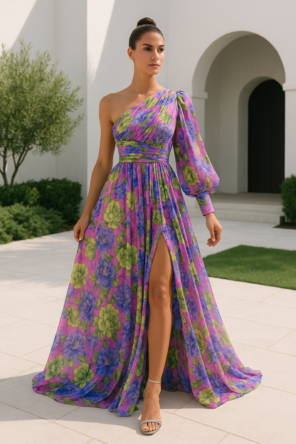 Florencia – Vestido maxi de verano con un hombro descubierto y estampado floral para mujer