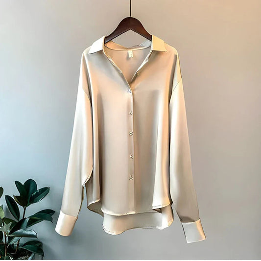 ADDIANE – Blusa de seda sintética para mujer con manga larga y acabado elegante