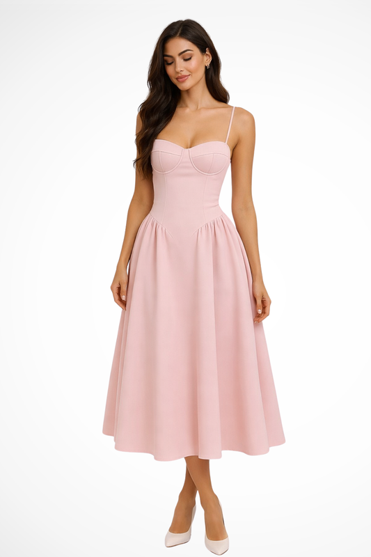 Seren – Vestido midi elegante con corpiño tipo corsé y corte en A para mujer