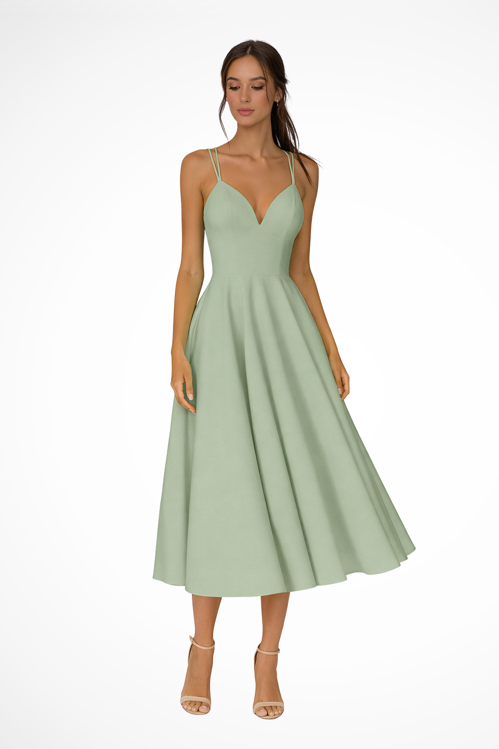 LUNARIA – Vestido midi de invitada con tirantes finos y falda evasé