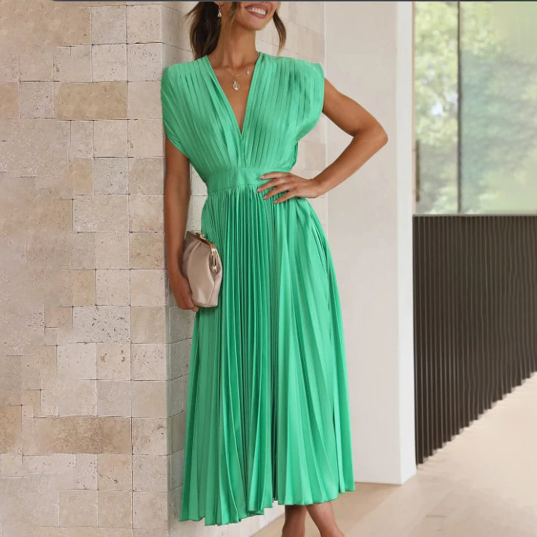 Celestia – Vestido elegante plisado con escote en V y espalda descubierta para mujer
