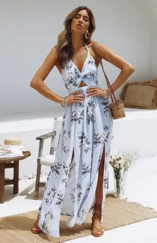 Celestina – Vestido maxi con cuello halter y apertura alta para mujer