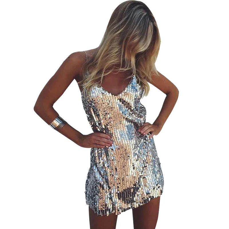Vestido de fiesta corto con lentejuelas y escote en V profundo – STELLA