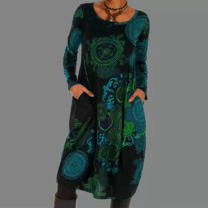 Vestido bohemio midi con mangas largas y estampado único – SIENNA