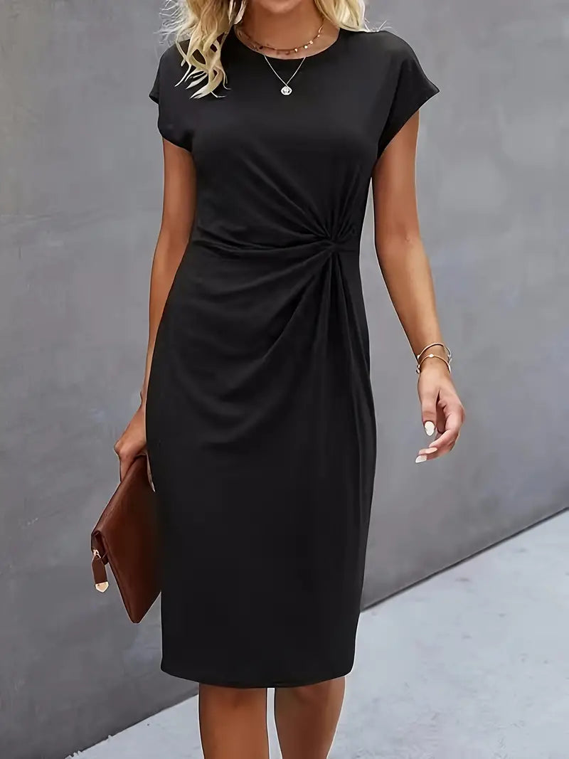 Aurora – Vestido midi elegante de manga corta con detalle frontal retorcido para mujer