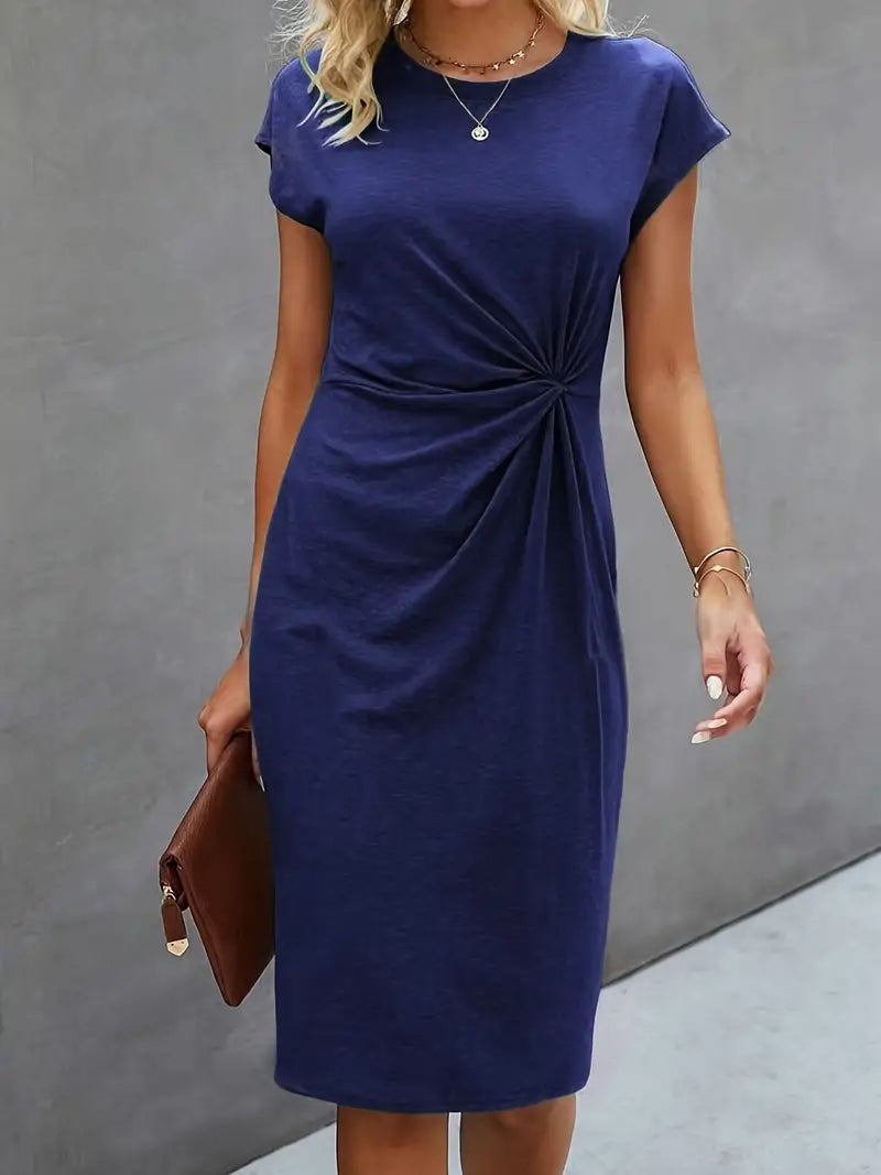 Aurora – Vestido midi elegante de manga corta con detalle frontal retorcido para mujer