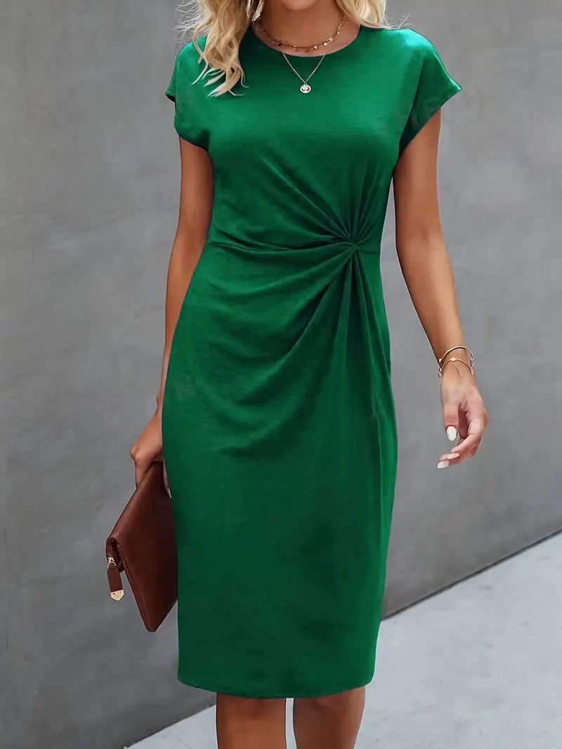 Aurora – Vestido midi elegante de manga corta con detalle frontal retorcido para mujer