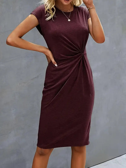 Aurora – Vestido midi elegante de manga corta con detalle frontal retorcido para mujer