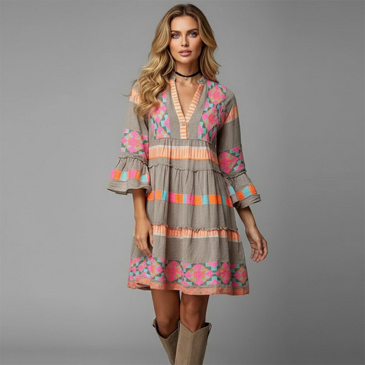 Elowen – Vestido bohemio colorido con mangas acampanadas para mujer